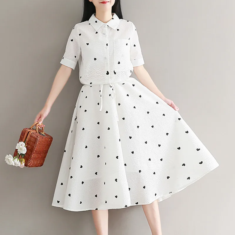 

#0165 Summer Casual Turn Down Collar White Front Button Shirt Dress Women Plus Size Short Sleeve High Waist Printed Elegant