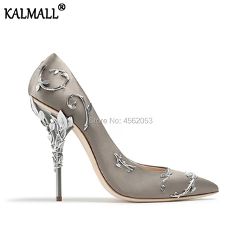

KALMALL Luxury Silk Tacones Metal Stiletto Bridal Wedding Shoes Sexy Pointed Toe Ladies Pumps Filigree Leaves Eden High Heels