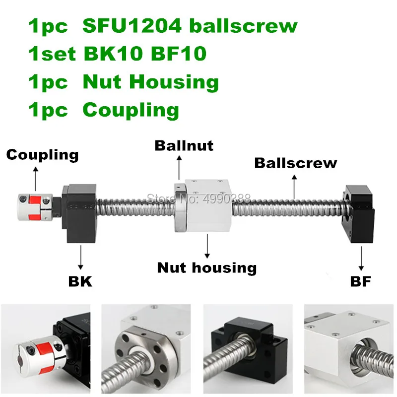 

SFU1204 200 300 400 600 mm rolled ball screw C7 with end machined + 1204 ball nut + nut housing+BK/BF10 support + coupler RM1204