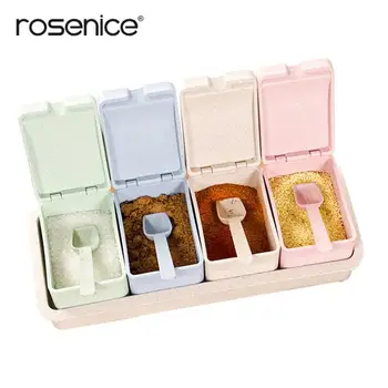 

4 Piece Seasoning Box Seasoning Rack Spice Pots Storage Container Condiment Jars Cruet with Cover and Spoon