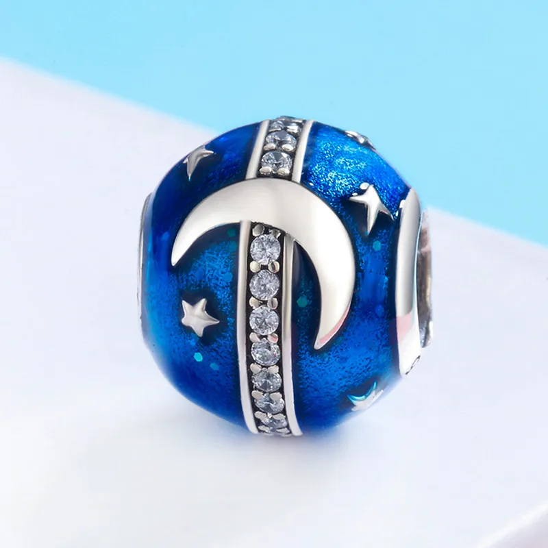 MOWIMO Звезда Луна Шарм 925 пробы серебро синий CZ бисер Подходит Pandora Браслеты кулон для женщин ювелирных изделий BKC796