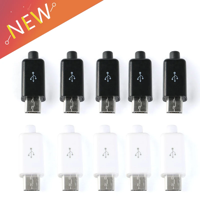 

10pcs/ Sets 4 in 1 DIY Micro USB Welding Type Male 5 Pin Plug Connector w/Plastic Cover 5pcs Black+5pcs White