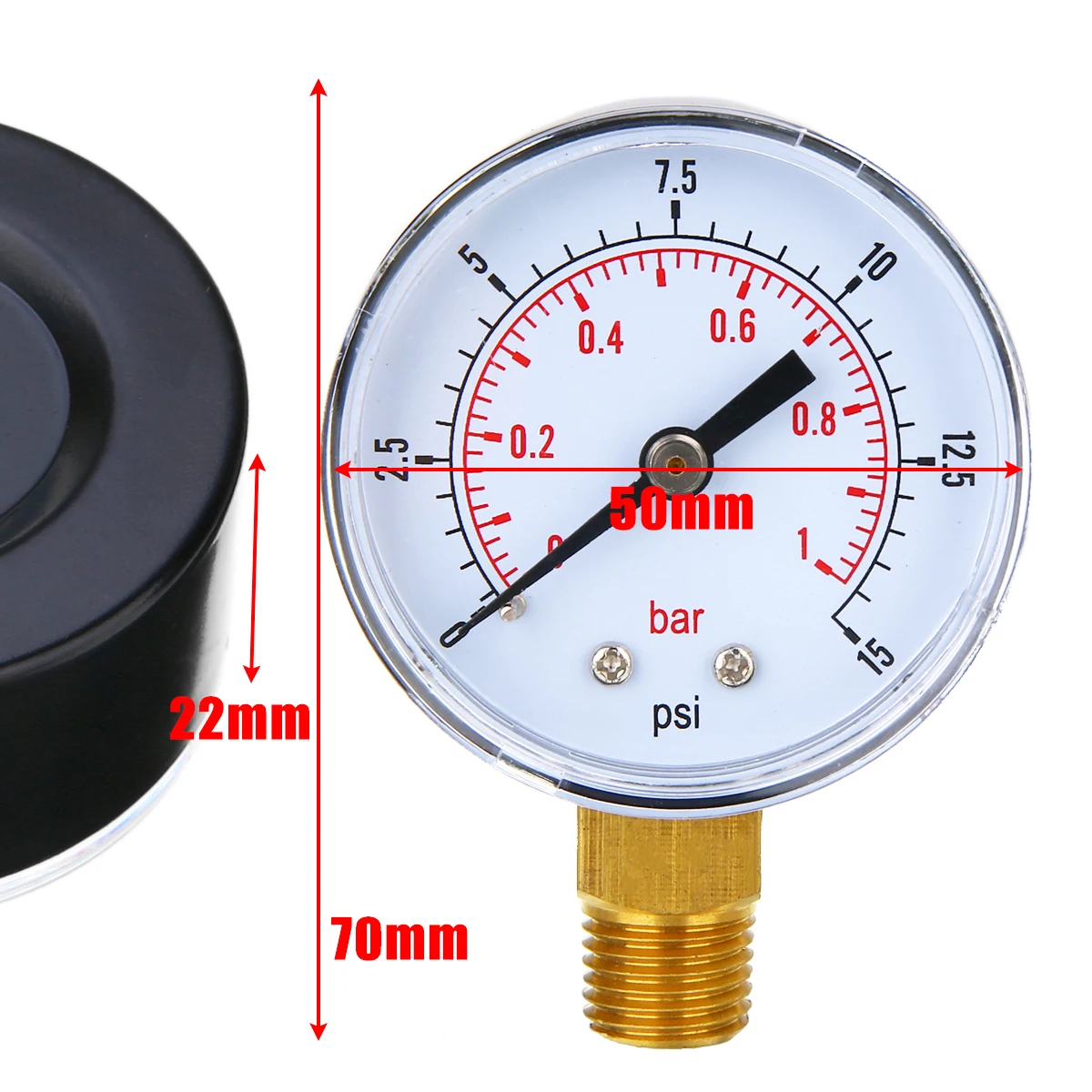 50mm Dial1/4 BSPT Brass Axial Pressure Gauge Air Pressure Gauge Back Connection for Air,Water,Oil,Gas 0-15psi 0-1bar Pressure Gauge