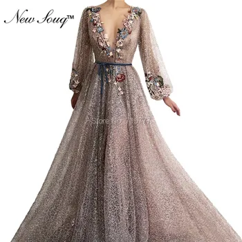 

V Neck Dubai Arabic Full Sleeves Evening Dress 2019 Custom Made Appliques Islamic Kaftan Saudi Formal Evening Party Dresses Prom