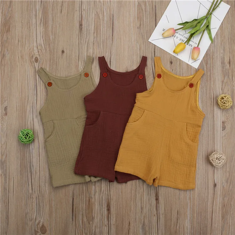 

0-3T Newborn Baby Girl Cotton Ruffle Solid Color Romper Sleeveless Pocket Sunsuit Playsuit Casual Clothing Summer