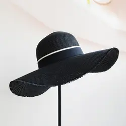 Черный обувь для девочек Защита от Солнца кепки большой край женская летняя соломенная шляпа Молодежные шляпы для женщин тенты шляпы