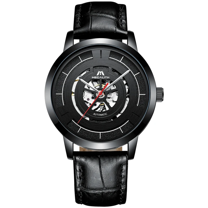 

MEGALITH Luxury Automatic Mechanical Watch For Men Waterproof Skeleton Black Leather Strap Business Watch Relogio Masculino