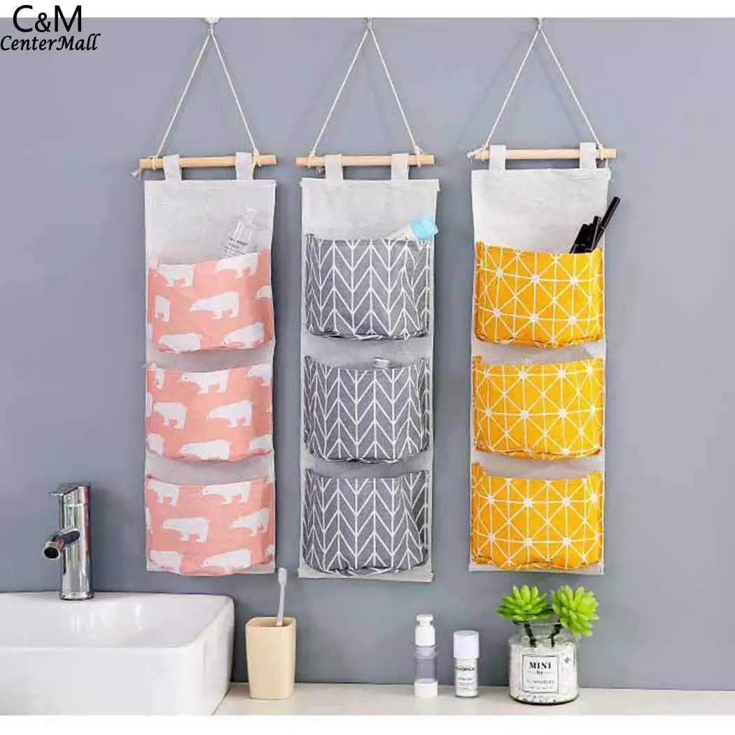 

3 Pockets Wall Striped Hanging Cutlery Saving Closet Pouch Organizer Wall Bear Pockets Bag Storage Flamingo Door Space