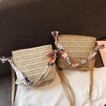 

Square Straw Bags Women Woven Beach Holiday Handbag Shoulder Messenger Tote Natural Barrel small Tote Round Handbag