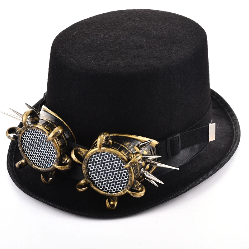 

Steampunk Retro Rivets Goggle Fedoras Punk Black Top Hat With Spikes Goggles Headwear Lolita Cosplay Unisex Hat Gothic Accessory