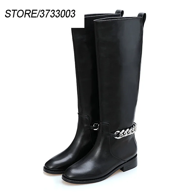 

Newest Real Leather Black Motorcycle Boots Woman Round Toe Silver Chain Knee High Boots Women Fashion zapatos mujer