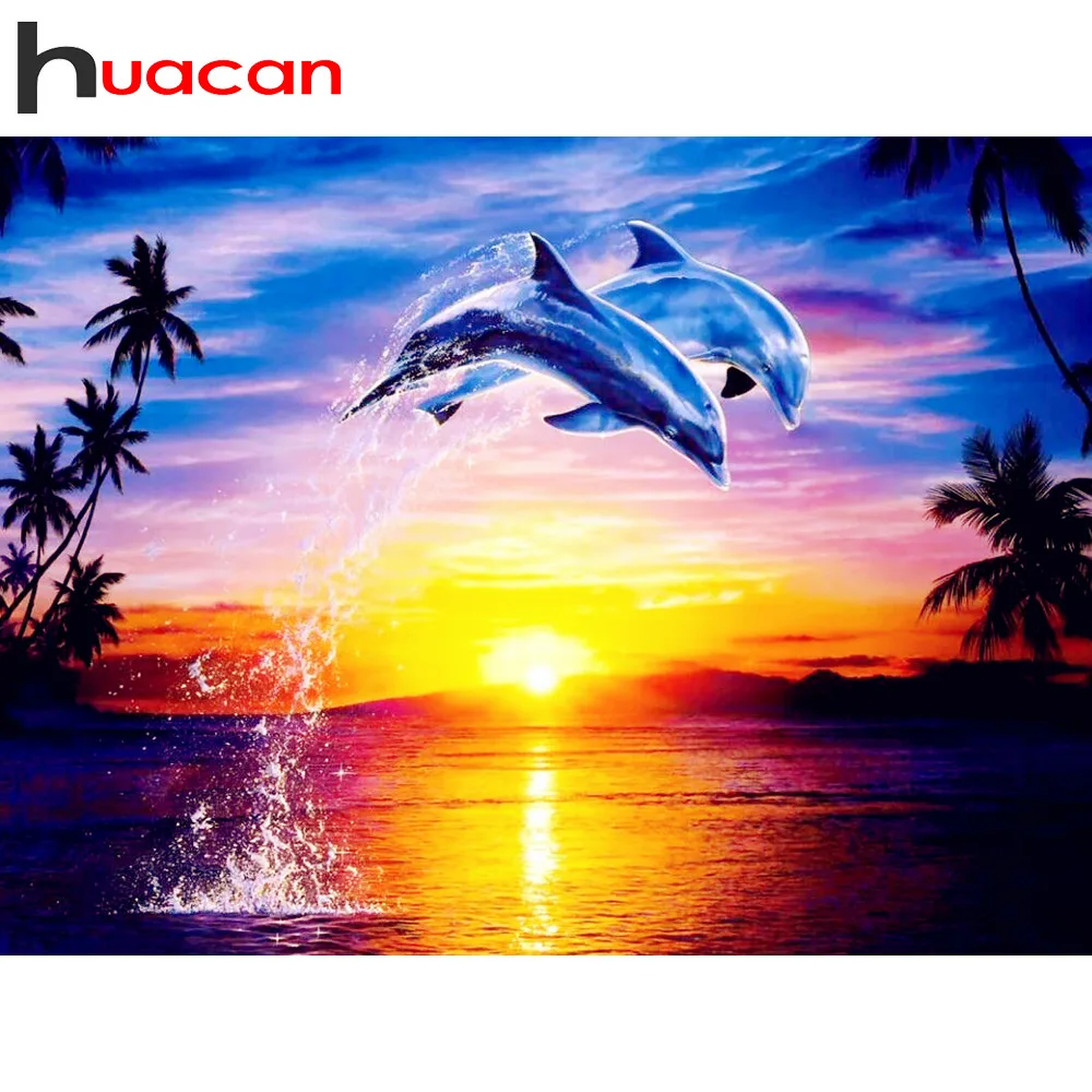 

Huacan Diamond Painting Scenery Full Drill Square Diamond Embroidery Dolphin Pictures With Rhinestones Diamond Mosaic Needlework