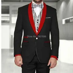 Черные Свадебные Жених смокинги для женихов для мужчин вечерние выпускные костюмы 2019 красный шаль нагрудные тонкий Fim куртка из двух