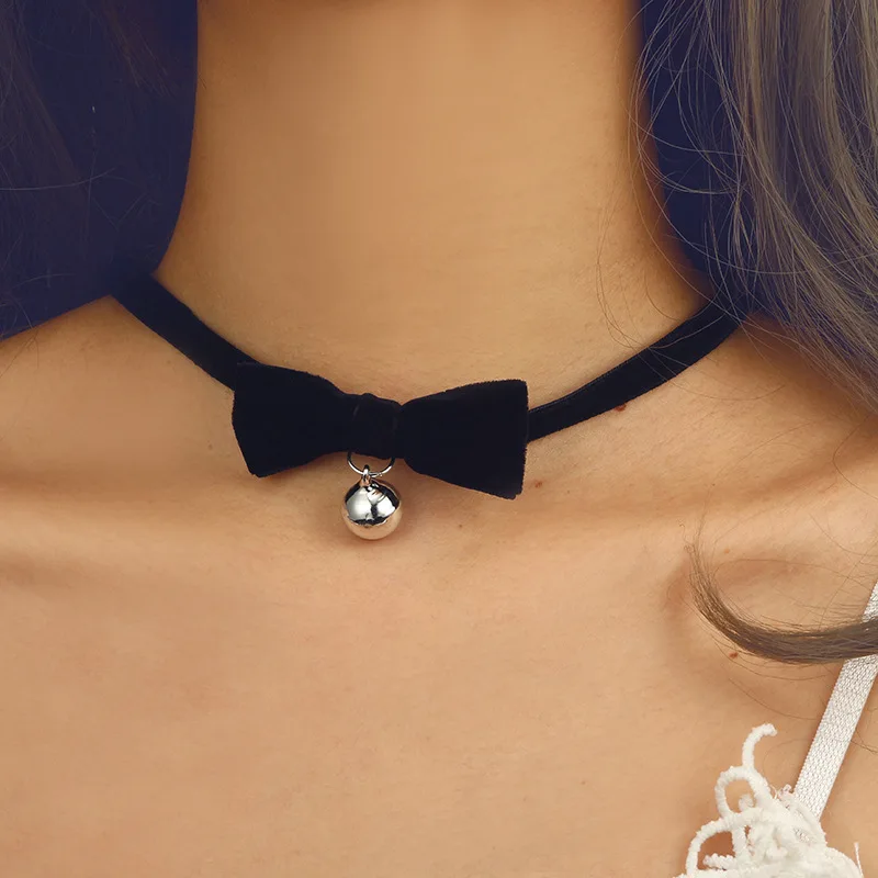 

2019 new Bell punk hiphop Korea Down Bow Short Chain Gothic Necklace Down Bring Small Bell Neck Necklace Ornaments