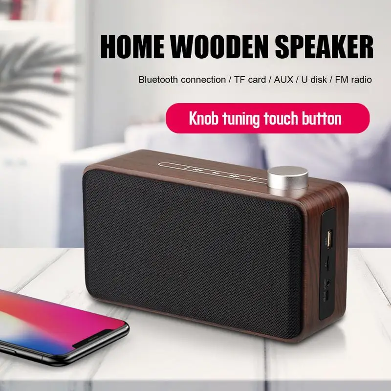 

W5A Portable Wooden Home Wireless Phone Bluetooth Speaker Metal Knob Touch Fabric Computer Card Audio Portable Speaker