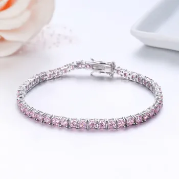 

3mm 925 Sterling Silver Cluster Round Pink CZ Ziron Tennis Bracelets Women Pulseras Pulseira Bracelete Jewelry Girl Friend Gift