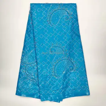 

High Quality Blue 100% Cotton Bazin Riche Getzner Fragrance With Stones And Beads Bazin Fabric Jacquard Dress Fabric 5Yard/lot