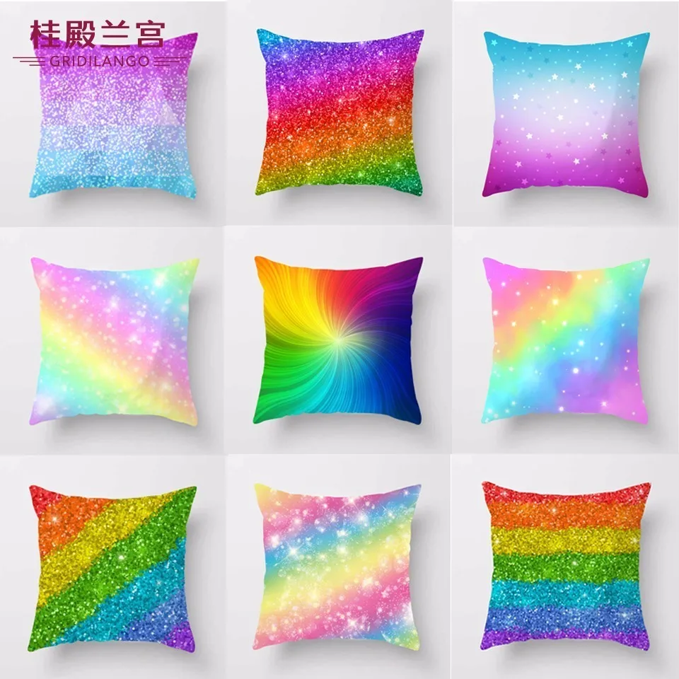 

Shining Glitter Rainbow Cushion Cover Silk Double-Sided Polyester Multicolor Sequin Stars Decorative Pillowcases for Sofa Seat