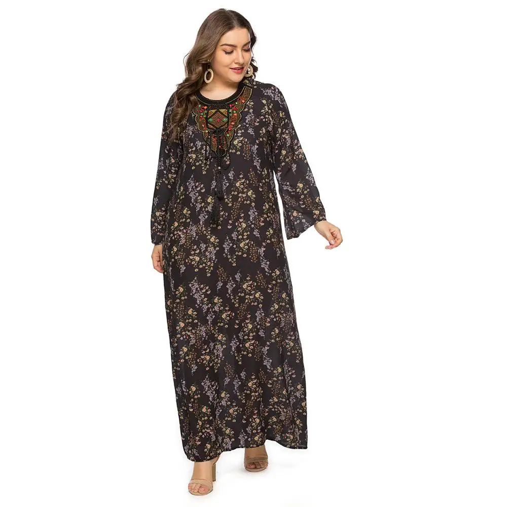 Модное мусульманское женское длинное платье большого размера с вышивкой Дубай Женское Платье макси с цветочным принтом Абая Свободный Повседневный халат Турция этнический стиль