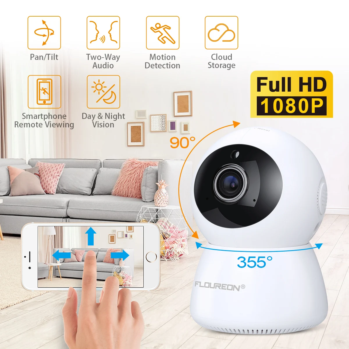 

FLOUREON 1080P Wireless Security IP Panoramic Camera Two-Way Audio Night Vision Home Surveillance with Motion Detection for Baby
