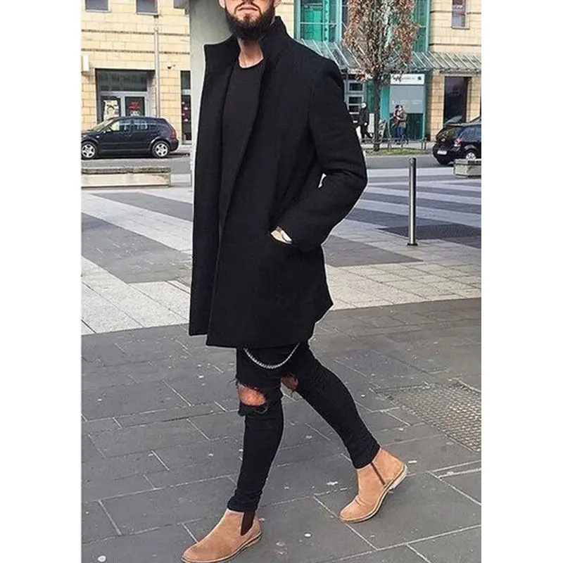 

Men Woolen Trench Coat Solid Winter Warm Long Outwear Long Sleeve Fashion Open Stitch Overcoat Size M-3XL