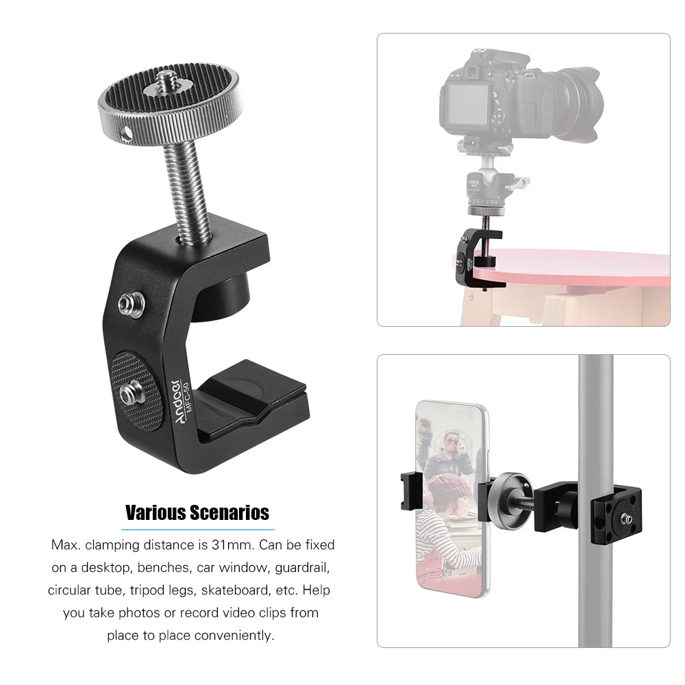

Andoer MFC-50 Heavy Duty C-shaped Clamp Photography Desk Tree Clamp for GoPro Action Camera for DSLR Camera Max. Load 4kg