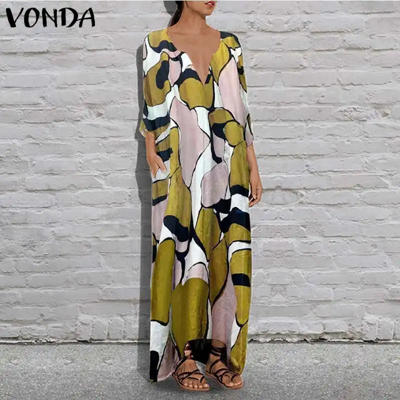 VONDA S-5XL, женское платье макси в стиле пэчворк, винтажное платье с v-образным вырезом и цветочным принтом, богемное летнее сексуальное платье, Вечерние Платья С АСИММЕТРИЧНЫМ ПОДОЛОМ