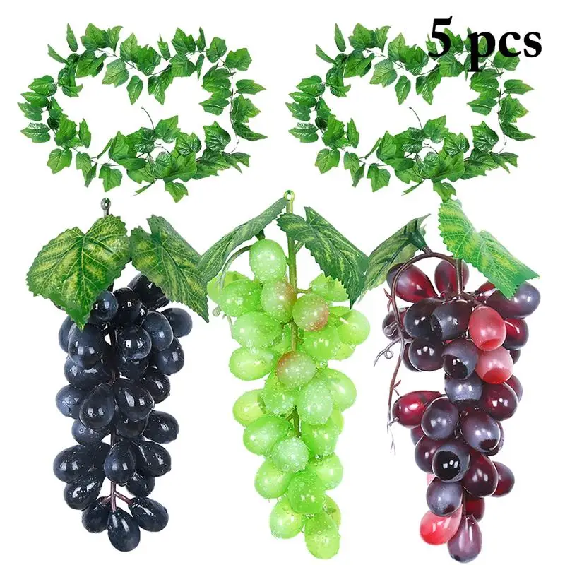 

5PCS Lifelike Artificial Grapes And Vines Lifelike Hanging Plant Leaves Artificial Fruits 2pcs Grape Leaf Vine+3pcs Grape Bunch