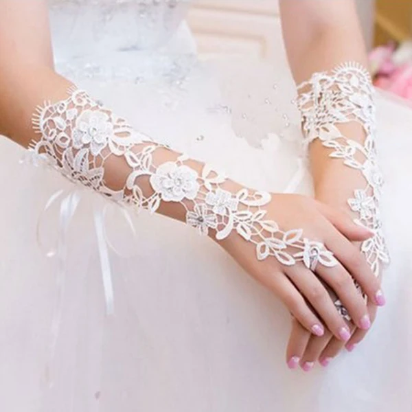 Eg _ Braut Fingerlose Handschuhe Strass Aushöhlung Spitze Blume Hochzeit 