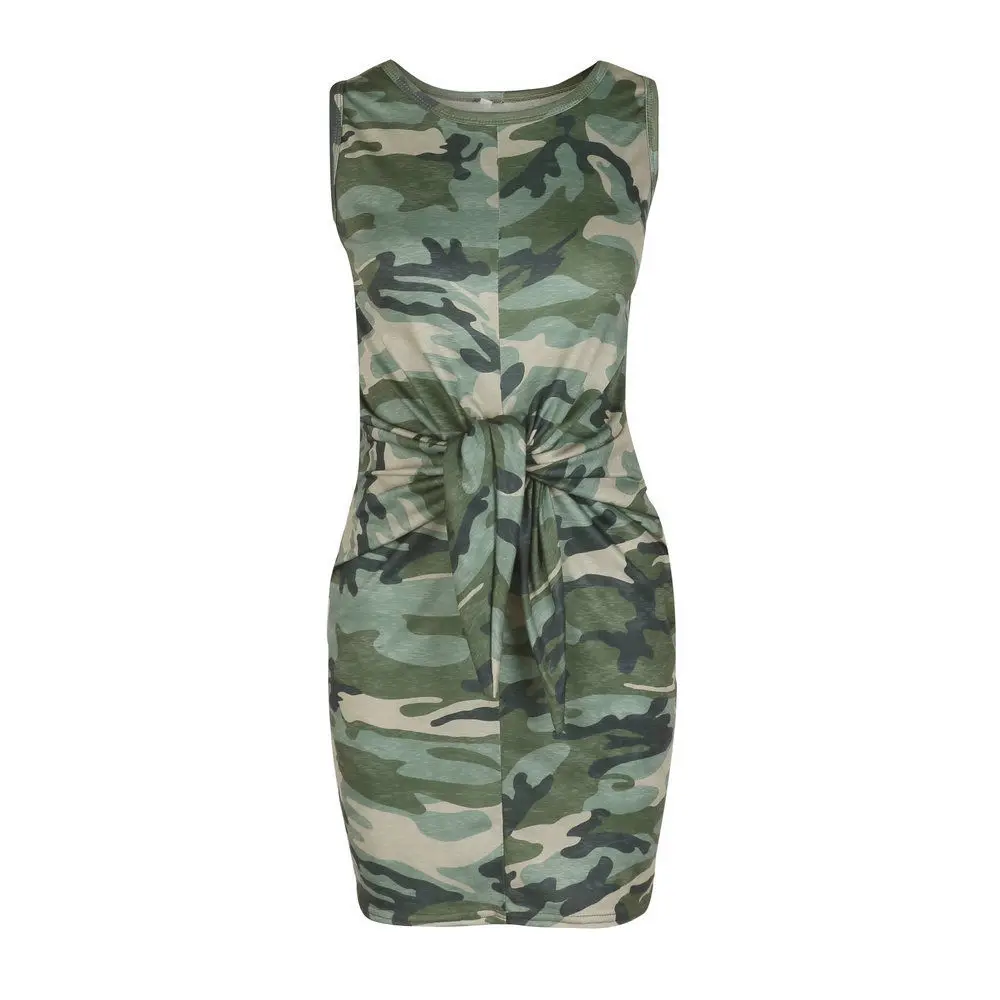 

Summer Fashion Women Camo Dress Casual Camouflage Sleeveless Party Bowknot Slim Mini Beach Dress