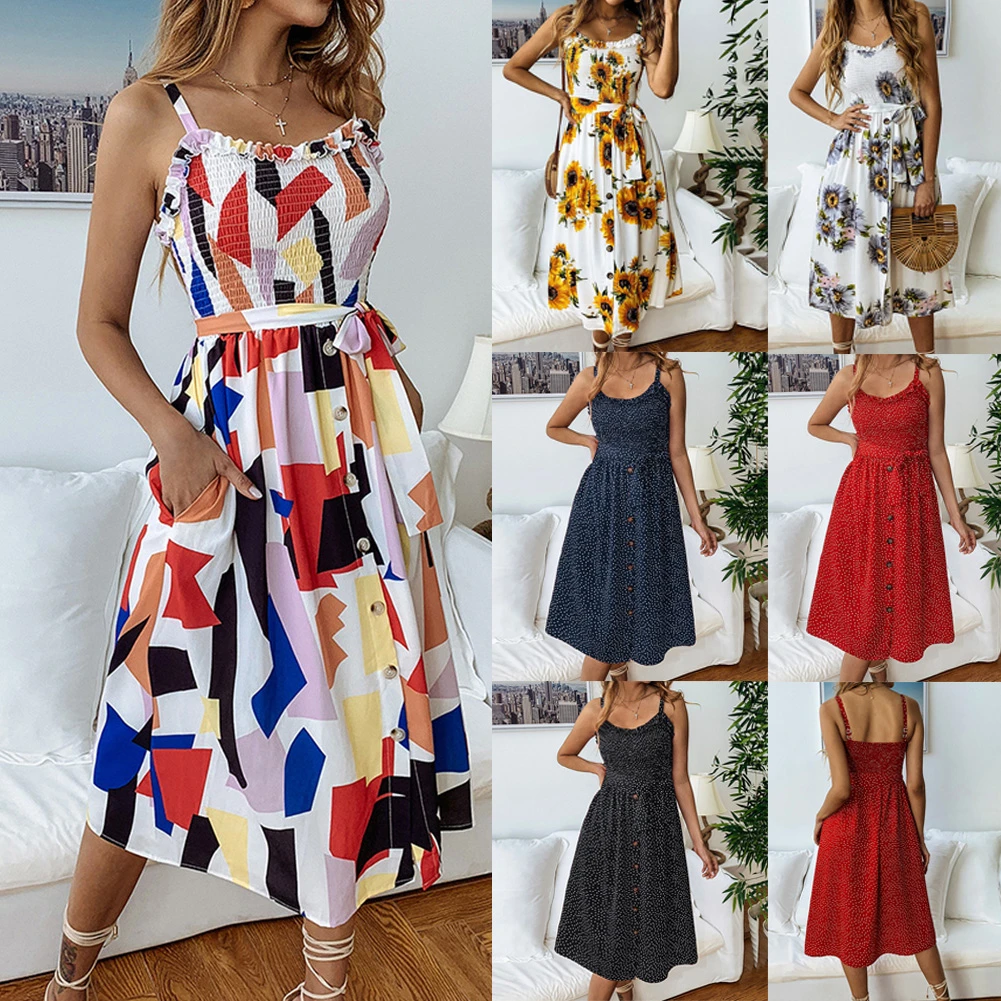 mujer Boho vestido por debajo de la rodilla estampado verano noche fiesta playa vestido de botón para mujer 2019 verano| Vestidos| - AliExpress