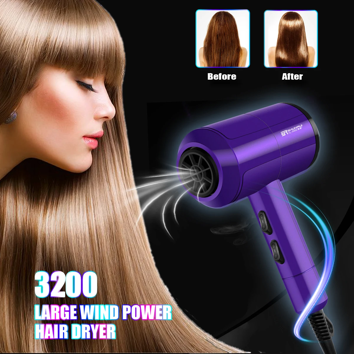 

Purple Professional Anion Hair Dryer Large Power Hair Repairing Hairdryer Air Blower Constant Temperature Blower 2000W 220V