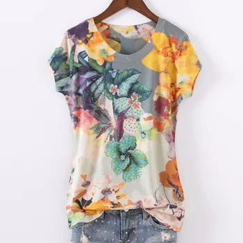 

Fashion hot drilling print short sleeve t shirt women slim o-neck tops summer 2019 new arrival Plus size 4XL