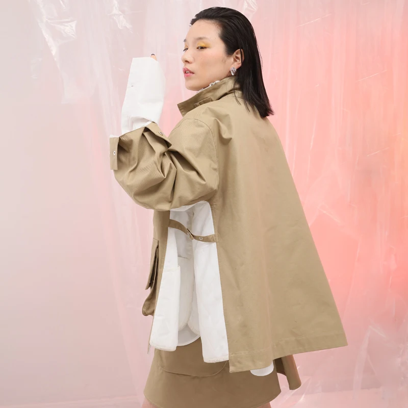 LANMREM Весенняя контрастная цветная Лоскутная негабаритная куртка для женщин, стоячий воротник, двойные большие карманы, короткое пальто, дизайн JG801