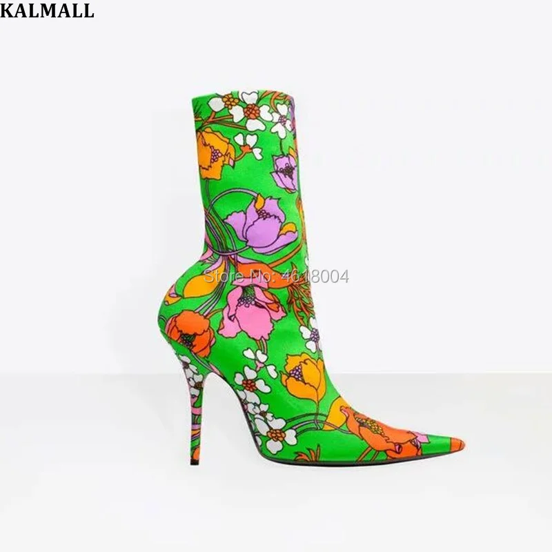 

KALMALL Fashion Runway Floral Elastic Sock Ankle Boots Pointed Toe High Heels Stretch Fabric Booties Slip-on Stilettos Botas