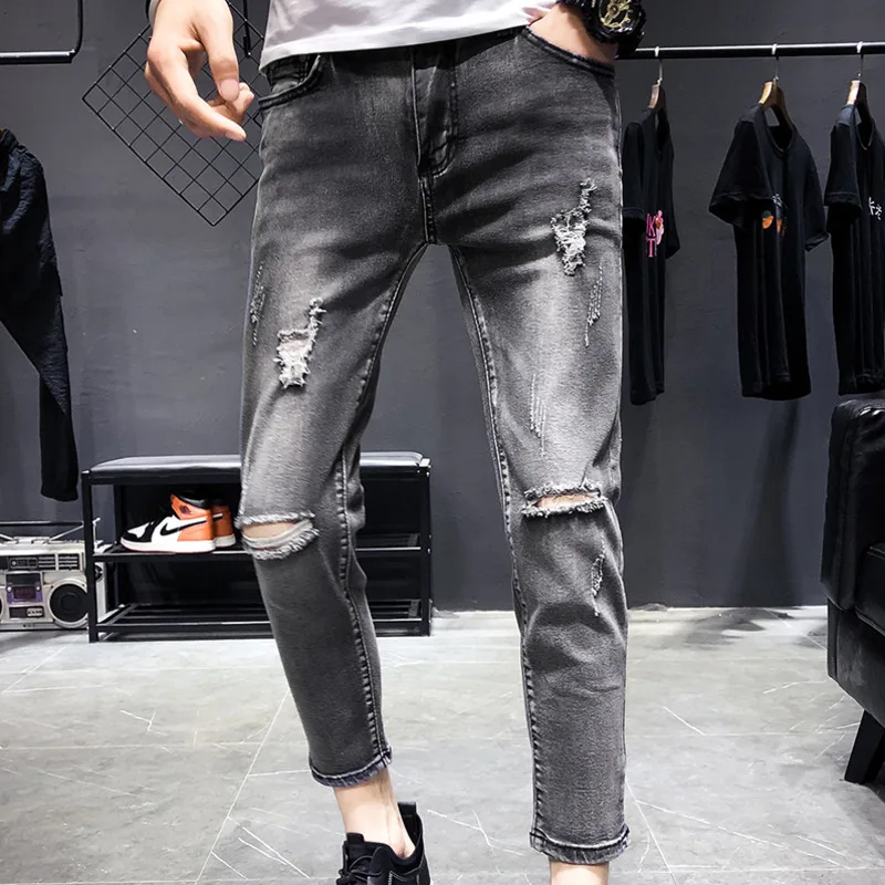 Hip Jeans Mode Pantalon Rétro Gray De Denim Tear Lavage Mince Homme Cow Trou Skinny Mâle Hop Hommes Nouveaux Streetwear Vêtements boy Printemps qgwS4ZCA5