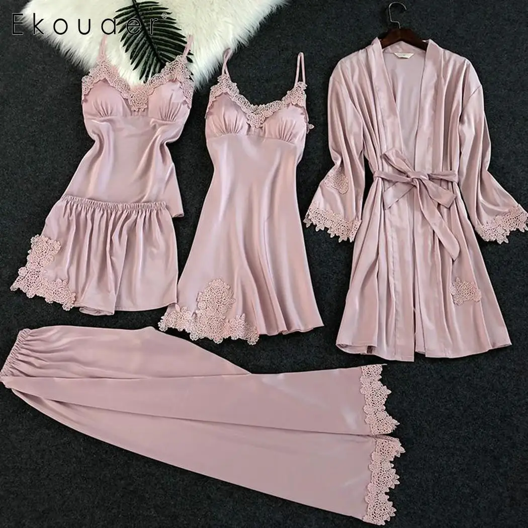 Ekouaer Silk Satin 5 Piece Women Nightwear Set Home Suits Floral Robe ...