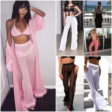 Женская высокая талия прозрачные расклешенные ноги сетки лето пляж бикини крышка брюки