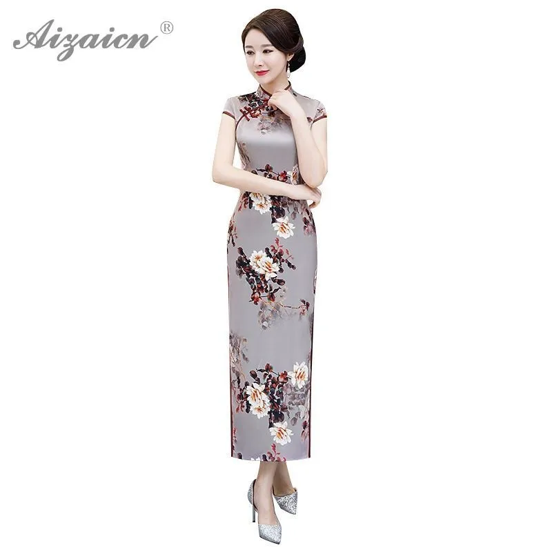 

Women Traditional Chinese Clothing Long Qipao Spring Summer Dress Similar Silk Cheongsam Dressing Robe Chinoise Printing Qi Pao