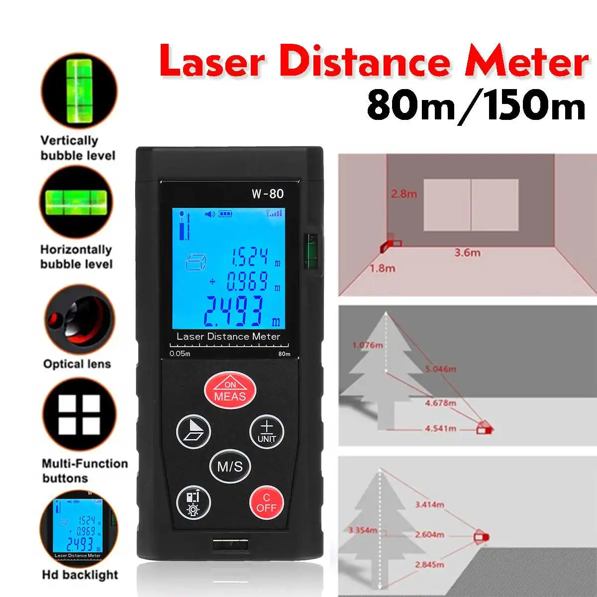 

Multi-function LCD Digital Laser Distance Meter Range Finder Measure Diastimeter Measuring Accuracy 1.5mm 80/150m Tester