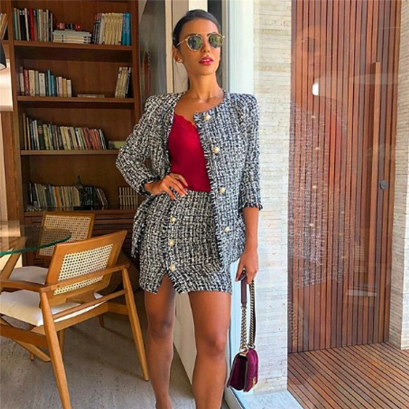 

Women Suits Long Sleeves Tweed Weave Plaid Pearl Coat Tops Sexy Slim Button Short Skirt Outwear Office Ladies Suit Two Sets 2019