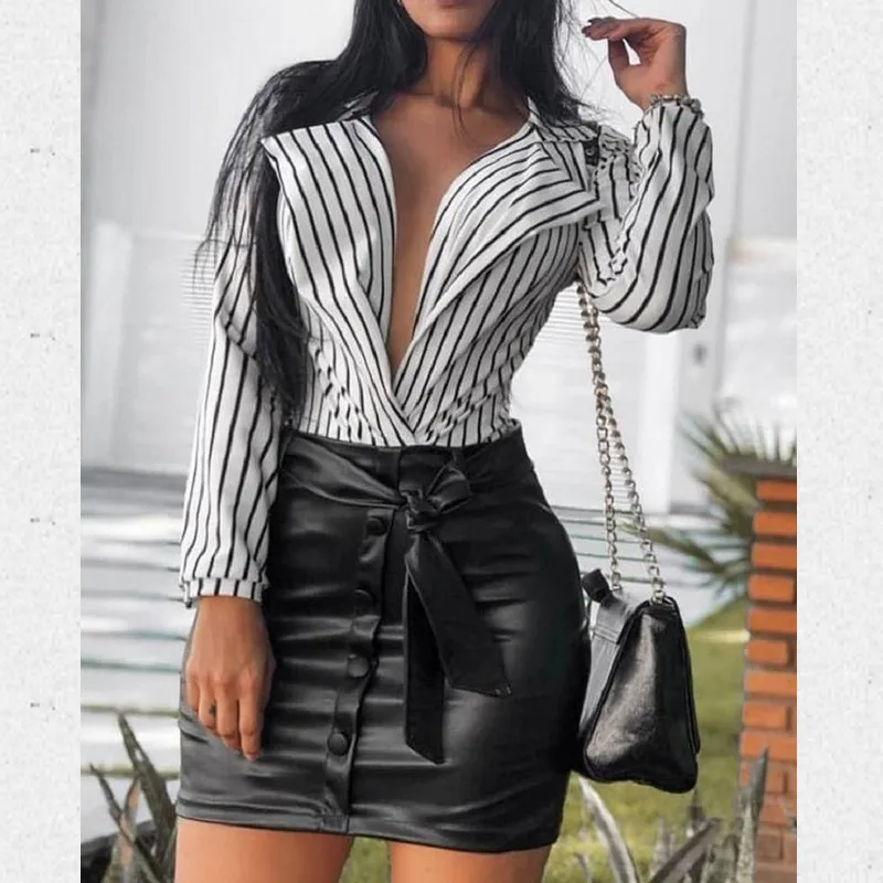 

2019 Summer Striped Style Chiffon Blouse Official Ladies Women Ladies Deep V-neck Long Sleeve Loose Casual Blouse