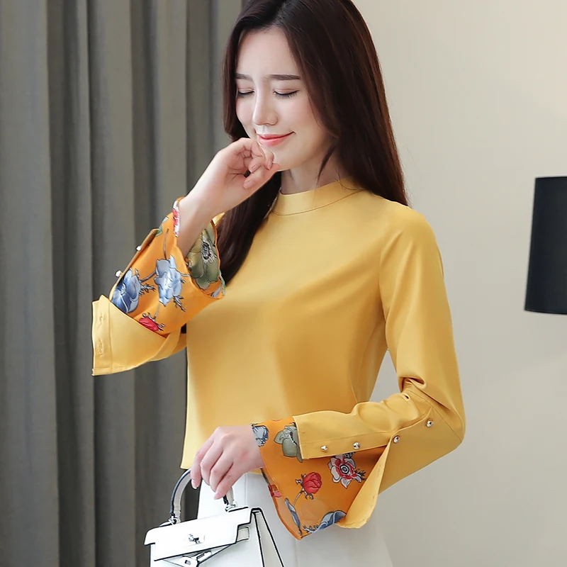 

2019 New Spring Women Shirts Flare Sleeve Patchwork Chiffon A Fairy Blouse Shirt Red Yellow 1021