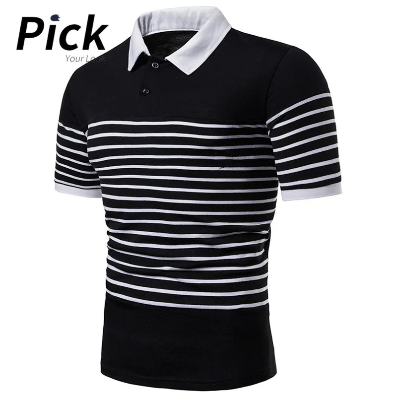 

Men's Solid Turn Down Collar Shirts Black White Stripped Man Top With Crew Neck Summer Short Sleeve Fashion Male Cotton Tops D30