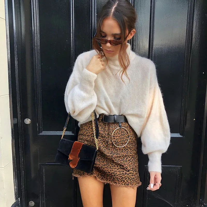 

AINYFU 2019 Winter White Knitted Sweater Turtleneck Lantern Sleeve Warm Top Pullovers Fashion Casual Womens Sweaters 338