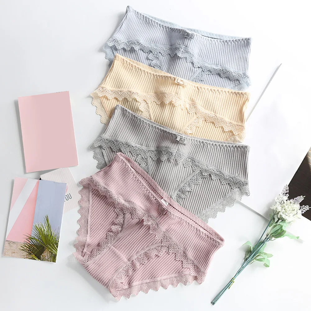 

Lace Brim Sexy Breathable Tempting Panties Fashion Elastic Free Size Cozy Underwear Women Pants Low Waist Solid