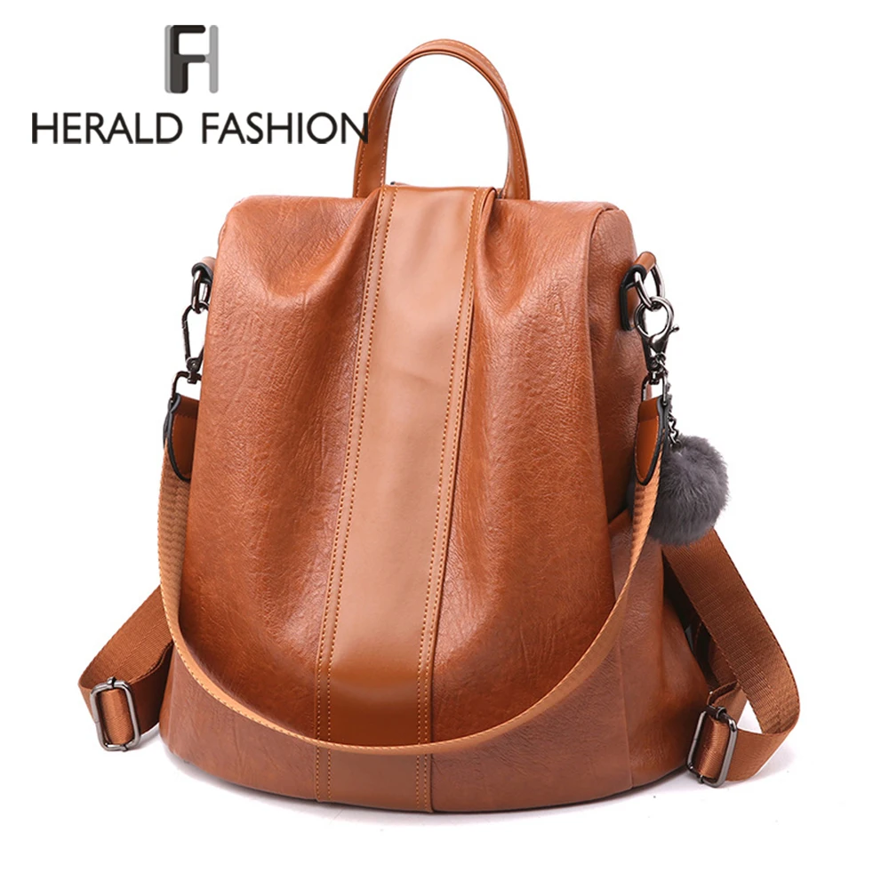 HERALD MODE Qualité En Cuir Anti-voleur sac à dos pour femme Grande Capacité Boule De Poils cartable pour Adolescent filles Mâle Voyage Sacs