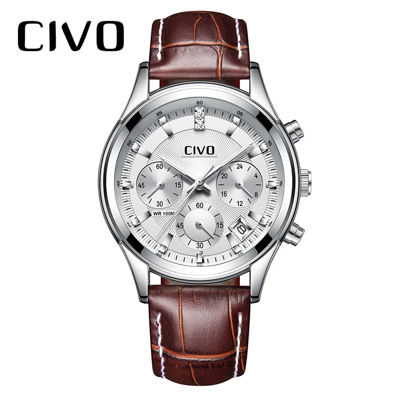 

Fashion Mens Watches CIVO Waterproof Date Calendar Analogue Quartz Men Wrist Watch Brown Genuine Leather Watch Men Clock