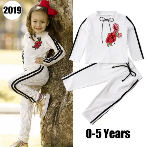 

New Spring Toddler Kids Baby Girls Rose Embroidery Long Sleeve T-shirt Top+Pants Outfit Suits Casual Tracksuit Clothes 6M-5T
