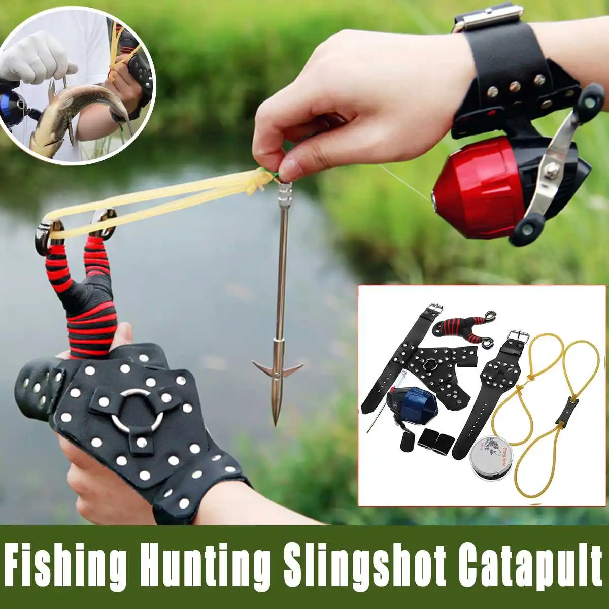 

Fish Hunting Kit DIY Fishing Slingshot Catapult Wristband Guard Outdoor Protective Sports Tools for Right/Left Hand Rubber